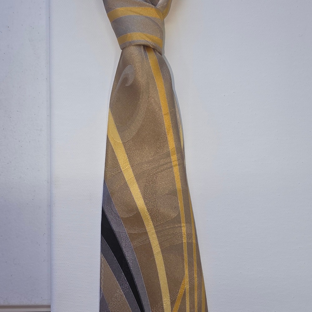 Stacy Adams Mens Silk Tie Gold Tan Grey Black Abstract Geometric Striped Formal